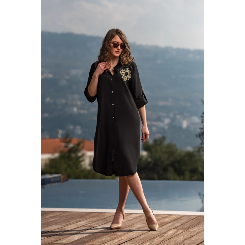 Bella Black Linen Shirt Dress - Sun Design Embroidered