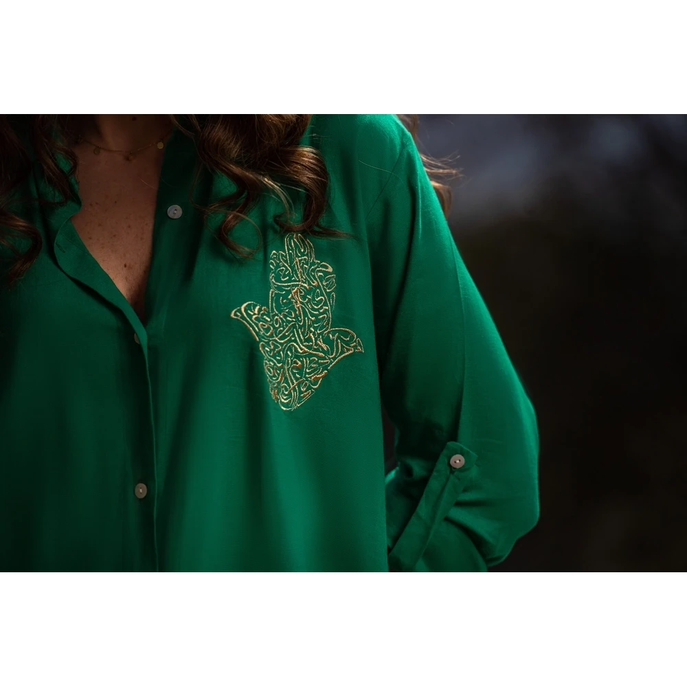 Bella Green Linen Shirt Dress - Hamsa Hand Embroidered